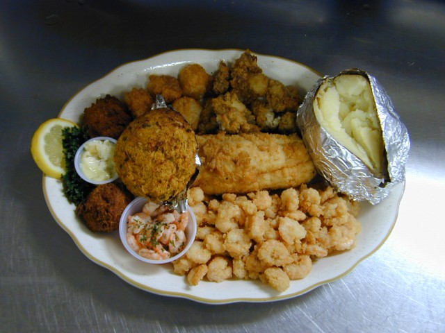 Seafood Platter with Baked Potato. Salad Bar included of Captain Joe's Seafood, Brunswick, Georgia