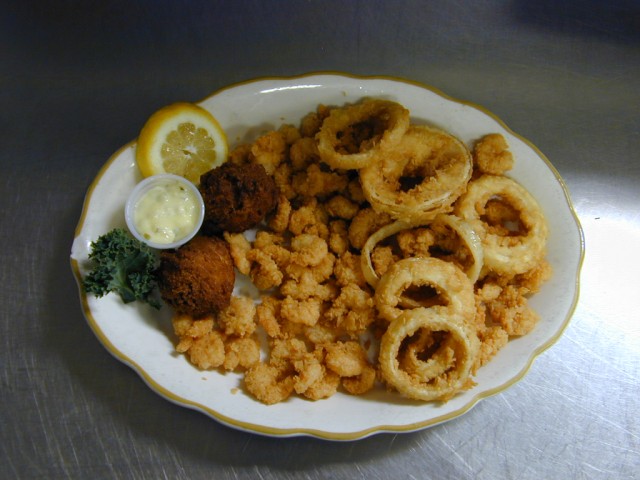 Fried Bite Size Shrmip with Onion Rings. Salad Bar included of Captain Joe's Seafood, Brunswick, Georgia