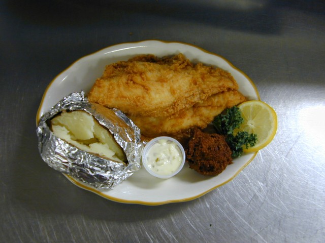 Small Appetites: Fried Flounder with Baked Potato. Salad Bar included of Captain Joe's Seafood, Brunswick, Georgia