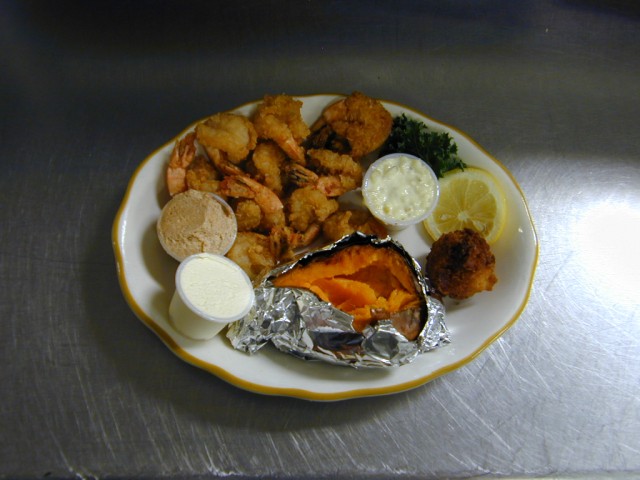 Small Appetites: Fried Fantail Shrimp with Sweet Potato. Salad Bar included of Captain Joe's Seafood, Brunswick, Georgia