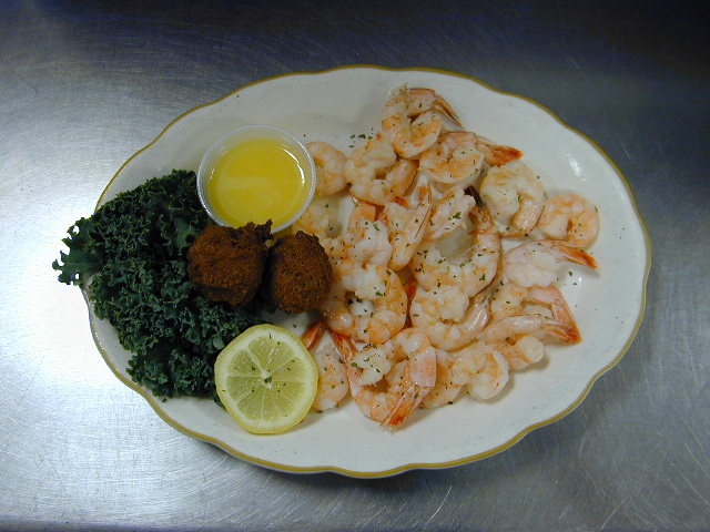 Steamed Fantail Shrimp Dinner with Hush Puppies. Choice of Potato and Salad Bar included of Captain Joe's Seafood, Brunswick, Georgia